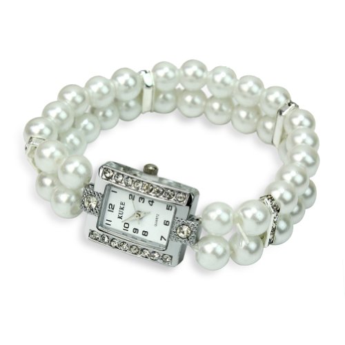 Strass 8mm Wei Perlen Armbanduhr Zuchtperle Damenuhr Damenarmbanduhr Elastisch Strass 8mm Wei Perlen Armbanduhr Zuchtperle Damenuhr Damenarmbanduhr Elastisch