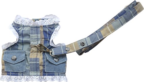 Doggydolly arnés y Plomo Set para Juguete Perro/Perrito en Color Azul y Beige con Encaje Talla S