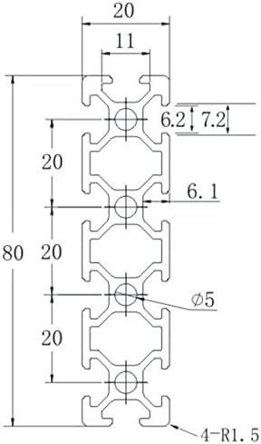 Aluminium Section 20 x 80, 8 x 6mm Grooves (Small Port)