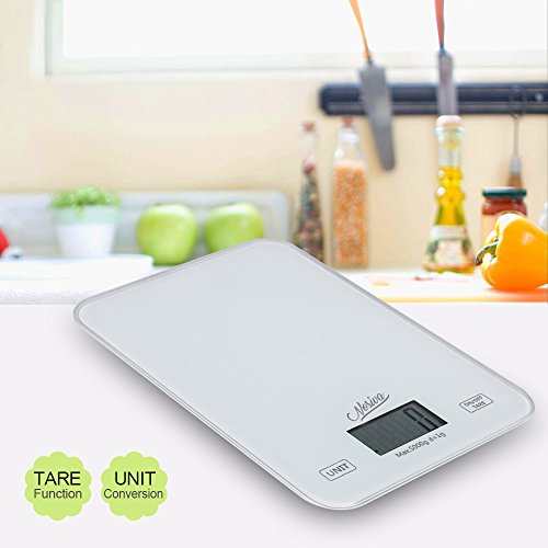 NOSIVA Digitale Küchenwaage mit großer LCD Anzeige – Weiss Hartglas Stand Waage für Lebensmittel/Kräuter/Kaffee, Hohe Präzision auf bis zu 1g (5kg Maximalgewicht) - 2