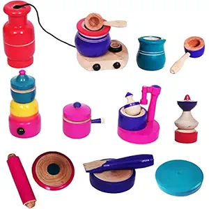 NURAWARE Wooden Kitchen Set For Kids Girls Wooden Kitchen Toys for Kids Playing Wooden Kitchen Toys Playing Set for Kids Kitchen Set For Girls Choppu Jaman Set For Kids Girls Soppu Saman (Color may vary)