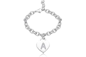 SILO BIJOUX Bracciale con lettera iniziale donna con STRASS in acciaio con lettera NOME - charm cuore e cristalli argento - alfabeto - misura regolabile, nascita, anniversario,idea CONFEZIONE REGALO INCLUSA