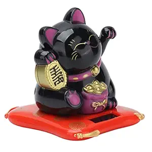 Fortune Cat, Solar Powered Lucky Cat Energy Saving Decorative Symbolic with Waving Arm for Car for Office for Home(Black)