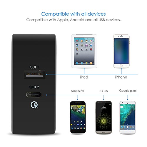 USB-C USB Ladegerät, BC Master Quick Charge 3.0 34.5W 2 Port Schnellladegerät (USB-A+Typ-C Port)für Samsung,Iphone,LG G5,HTC 10,New Macbook,Google Chromebook und Mehr – Schwarz(mit USB Kable) - 5