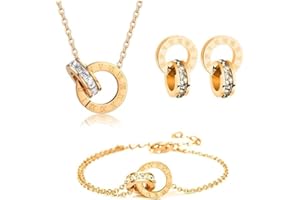 Hanaoops Conjuntos de Joyas para Mujer y Niñas Números Romanos Circón Acero Inoxidable Chapado en Oro Plata Colgante Collar Pendientes Pulsera Juego de Joyas