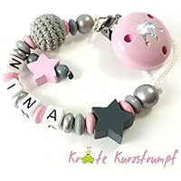Schnullerkette mit Namen für Mädchen mit Häkelperle und Sternen – rosa, grau, anthrazit, silber