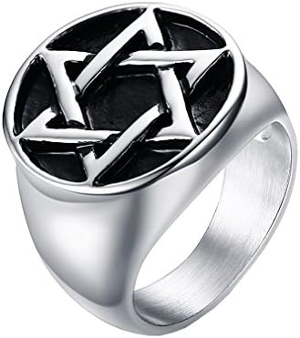 UMtrade Punk Style Mens Stainless Steel Embossed Stamped Hexagram Star of David Signet Biker Ring Black Silver