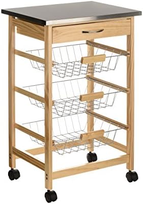 Modern Style Serving Kitchen Trolley with Stainless Steel Top Features Three Removable Wire Baskets and One Drawer - Perfect For Storing Fruit, Vegetables and Utensils