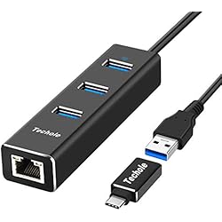 HUB USB 3.0, Techole Aluminio USB Hub Ethernet Adaptador 10/100/1000 Mbps Gigabit Ethernet, 3 USB 3.0 Puertos con Tarjeta Red LAN RJ45 y Adaptador USB C para Mac, Chromebook, Windows 10/8/7/XP, Linux