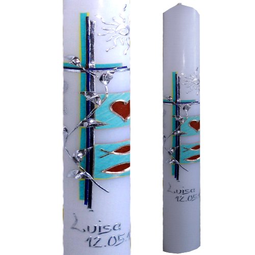 Modern Taufkerze Kommunionkerze 400×40 SONNE HERZ FISCHE Mehrfarbig rosa pink lila Inclusieve Namen und Datum ITP150 - 2