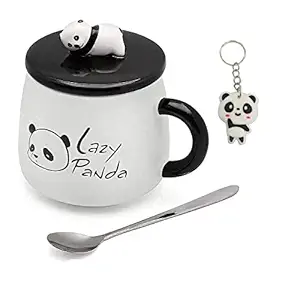 SATYAM KRAFT Ceramic Lazy Panda Printed Mug With Lid And Spoon with free Panda Key chain- Tea Coffee Mug For Tea, Coffee, Milk, Beverage, Best Gift to Girls, boys, Men, Women, Girlfriend, Boyfriend, Husband Wife, Friends, Anniversary, Birthday (1 Piece) (Black, 450 ml)