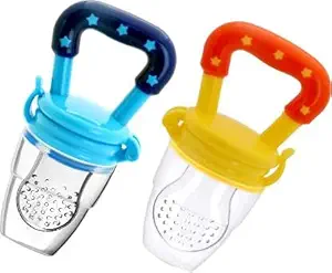NEPEE Pack of 2 Star Shaped Baby Food Feeder||Fruit Feeder Pacifier||Fruit Nibbler-Best Infant Teething Toy fruit Teether||Soft Silicone Fruit Teethers for Babies||Fridge & Dishwasher Safe || 100% BPA-Free Teether Set for Boys & Girls Feeder (Yellow, Blue)