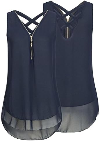 Kolylong Women Ladies Plain Tank Top Vest, Chiffon Sexy Sleeveless Camisole Cami Vest Plus Size Cross Back Hem Layed Zipper V-Neck T Shirts Tops