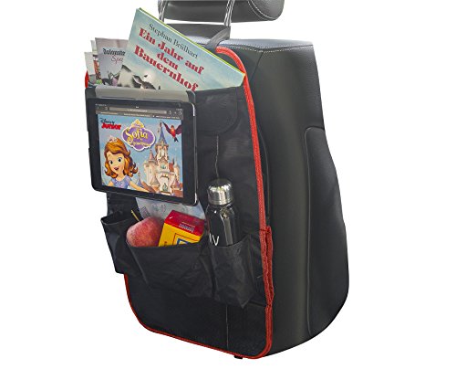 Protector asiento coche | funda universal multi-bolsillos | MYCARCADDY TO GO | kick mat para niño| evita arañazos y daños en el respaldo | con titulares de botellas y soporte I-PAD tablet | NEGRO/ROJO