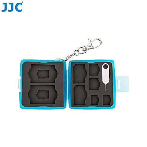 JJC MC-10B Multi Memory Card Case Speicherkarten Schutzbox für 2 Stück SD - 2 Stück MicroSD - 2 Stück SIM Cards - 2 Stück Micro SIM und 2 Stück Nano SIM Karten - Stoßfest Box Safe Tasche Etui Aufbewahrungsbox Hülle mit Schlüsselanhänger