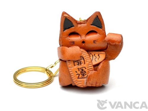 Lucky Cat Leather Japanese Style KH Keychain VANCA CRAFT-Collectible keyring Made in Japan