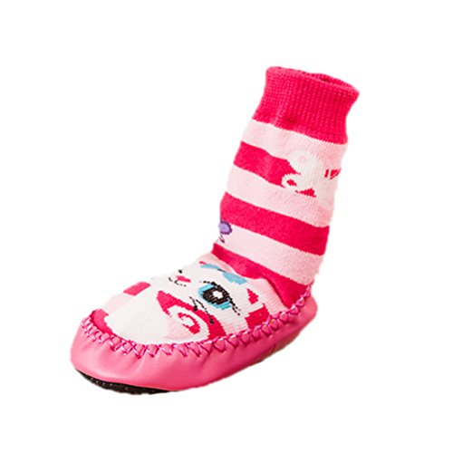 Moolecole Baby Girl Toddlers Kids Indoor Slippers Shoes Socks Moccasins NON SKID PINK STRIPED Cute Cat 15cm