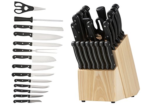 Messerblock 22-teilig Edelstahl Messer: 1 Aufschnittmesser, 1 Santoku-Messer, 1 Gabel, 1 Kochmesser, 1 Ausbeinmesser, 1 Universalmesser, 1 Tomatenmesser, 1 Schäler, 1 Schälmesser, 8 Steakmesser, 1 Küchenschere, 1 Messerschleifer, 1 Kiefernholz Messerblock