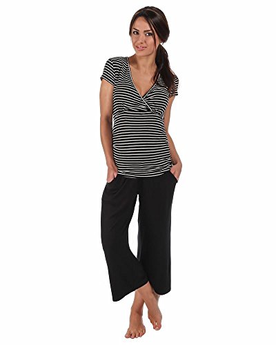 The Essential One - Maternity Nursing Pyjamas Stripe Crop - Black Cream - Medium - EOM136
