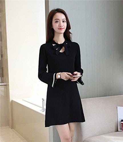 Y dress Autumn and Winter Organ Flush Leaf Sleeves V Collar Collar with Thin Vertical Needle Knit Dress,Black,All code