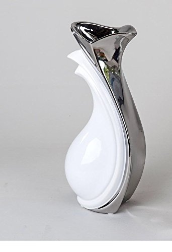Moderne Deko Vase Blumenvase aus Keramik weiss/silber Höhe 23 cm