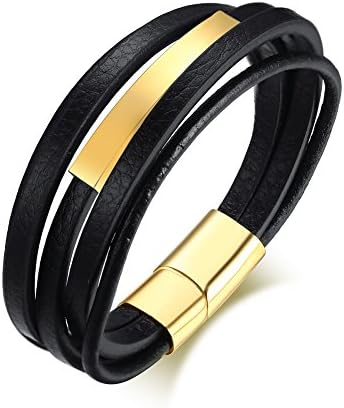 Vnox Men's Personalised Stainless Steel Microfiber Leather Name Customized Tag Wrap Cuff Bracelet with Magnetic Clasp,Free Engraving