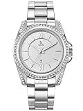 Alienwork Damen-Armbanduhr Quarz Silber mit Edelstahl Metallarmband Kalender Datum Weiss Strass-Steinen elegant