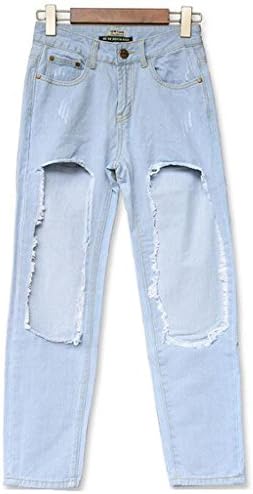 women's jeans disco high waist denim slim elasticity knee holes loose straight trouser zipper pocket pants . light blue . m