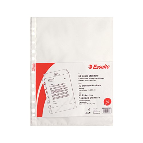 Esselte Buste a perforazione Copy Safe Standard, Trasparente, Formato A4, Porta documenti, In PP antiriflesso, Confezione da 50 buste, 395013300