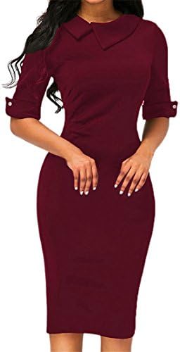 Bodycon Office Dress For Women,Moonuy Ladies Girl Retro Below Knee Formal Dress With Back Zipper Spring Autumn Winter Pencil Fashion Casual Daily Half Sleeve Slim Turn-down Collar Skirt (Wine Red, L)