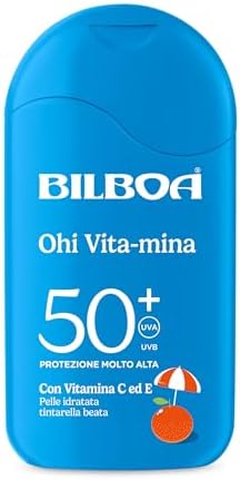 Bilboa, Ohi Vita-Mina, Latte Solare SPF 50+, Crema Solare con Vitamina C, Vitamina E e Niacinamide, Ideale Contro Rughe e Macchie, Resistente all'Acqua, 200 ml