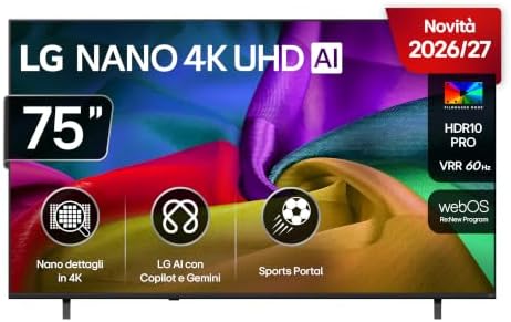 LG NANO AI UHD 75 Pollici, Serie NU8E 2026 Smart TV 4K - 75NU8E0B3LA
