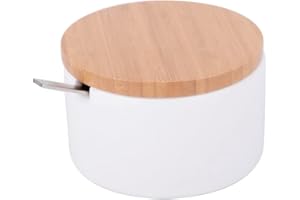 KOOK TIME boite a sucre, Sucrier pour la maison et la cuisine en céramique avec couvercle en bambou et cuillère en acier inoxydable, Couleur: Blanc/Bambou