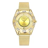 Luckhome Damen Uhren Analog Quarz Edelstahl Mesh Ultradünne Mode Kristall Analoger Armbanduhr Armband Kleine Standard Doppelbohrer Außenring Sandbohrfläche Mesh-Gürteluhr(Gold)