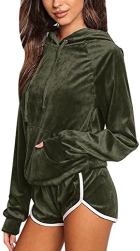 WINWINTOM Women Velvet 2PCS Long Sleeve Hoodies Sweatshirt Shorts Sets Sport Suit (M, Green)