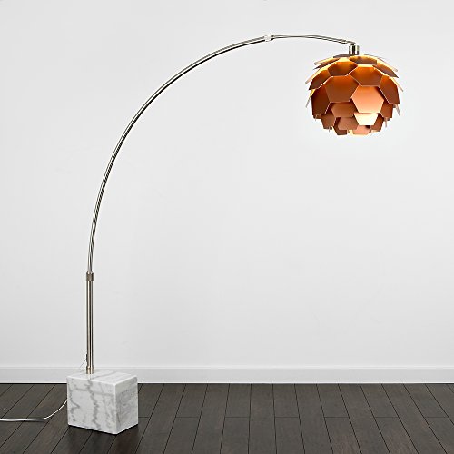 Designer Style Adjustable Curved Stem Brushed Chrome & White Marble Base Arkos Floor Lamp - Complete with a Copper Effect Artichoke Style Shade