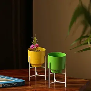 ExclusiveLane Cylindrical Table Planters & Pot for Living Room with Iron Triangular Stands (7.5 Inch, Small, Set of 2) - Indoor Decorative Planter Outdoor Plant Containers Garden Balcony Decoration