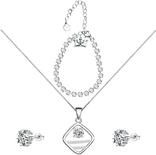 Sparking 925 Sterling Silver Cubic Zirconia Stud Earring Pendant Necklace Tennis Bracelet Jewelry Set for Wedding Bridal Party