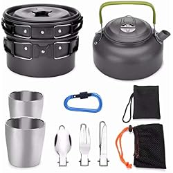 Odoland Multi-PCS Mini Kit de Casseroles Camping, Cookware Kit en Alliage d'Alu, Légère, Durable et Compact avec Tasse, Fourchette et cuillère pour Pêche/Survie/ Randonnée/Outdoor