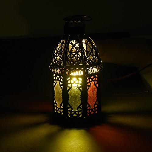 Marokkanischen Stil Matte Black Gusseisen Handgefertigte Octagonal Kerze Laterne mit Multicolor Strukturglas , Dekoration für Wohnzimmer, Balkon, Terrasse, Veranda und Garten - 7