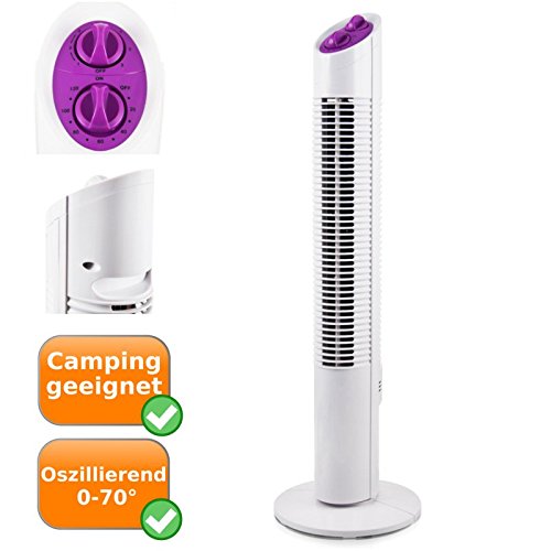 Säulenventilator mit 2 Stunden Timer und 3 Geschwindigkeitsstufen. Turmventilator mit 30Watt Leistung und zuschaltbarer Drehfunktion, für eine optimale Luftverteilung im ganzen Raum. Farbe: weiß-lila