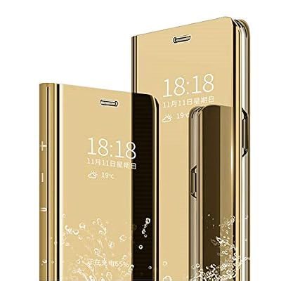 MLOTECH Coque pour Honor 9 Lite ,étui + verre trempé Flip Clear View Translucide Miroir Cover Standing 360°Housse antichoc Smart Cover Bumper Golden