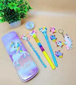 Tera13 (Pack of 7 Items) Unicorn Combo Unicorn Stationary for School Unicorn Steel Pencil Box with Unicorn Glitter and led Pen Unicorn Pencil Sharpener Coin Pouch Eraser