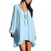TopTie V Neck Split Sleeve Loose Chiffon Dress Asymmetrical Hem Chemise Blouse - LightBlue,M