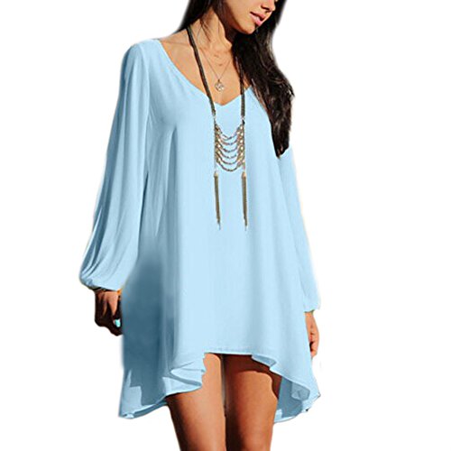 TopTie V Neck Split Sleeve Loose Chiffon Dress Asymmetrical Hem Chemise Blouse - LightBlue,M