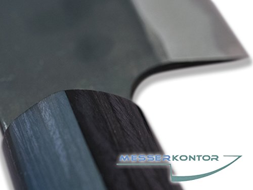 SIROU KAMO Kamo-to Kuro-Santoku Messer 17cm japanisches Kochmesser nicht rostfrei Carbonstahl handgeschmiedet Aogami II Zunderschicht beidseitig geschliffen Sandelholzgriff - 4