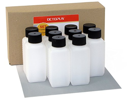 10 x 100 ml Octopus Kunststoffflaschen, HDPE Plastikflaschen mit schwarzen Schraubverschlüssen, Leerflaschen mit schwarzen Schraubdeckeln, Vierkantflaschen inkl. 10 Beschriftungsetiketten