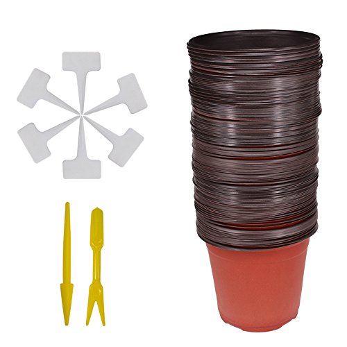 Huvai Juego DE 50 macetas de plástico DE 15 cm con 50 Etiquetas de plástico Impermeables Tipo T para Plantas y 2 Mini Herramientas para transplantar