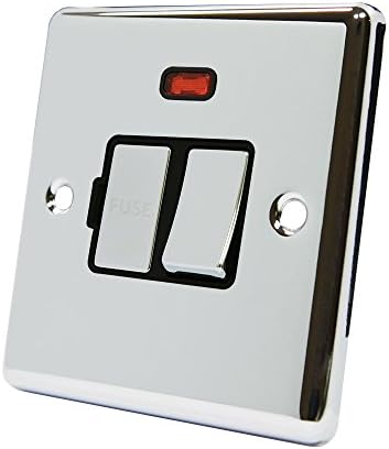 AET CPCSFNBC Polished Chrome Classical Spur w Black Insert Metal Rocker Switch-13 Amp Switched Fused Connection Unit with Neon Indicator