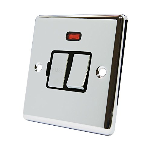 AET CPCSFNBC Polished Chrome Classical Spur w Black Insert Metal Rocker Switch-13 Amp Switched Fused Connection Unit with Neon Indicator
